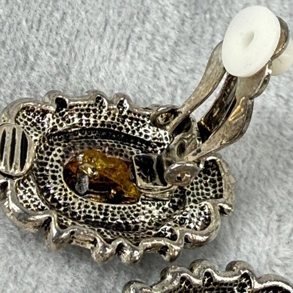 Vintage Ornate Silver & Gold-Tone Clip-On Earrings Women Classic Textured Design - Picture 14 of 16
